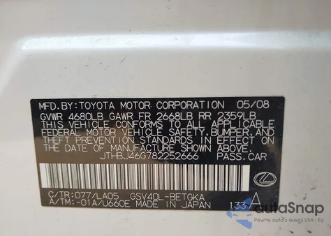 2008 Lexus Es 350 z USA, uszkodzony, nr VIN JTHBJ46G782252666